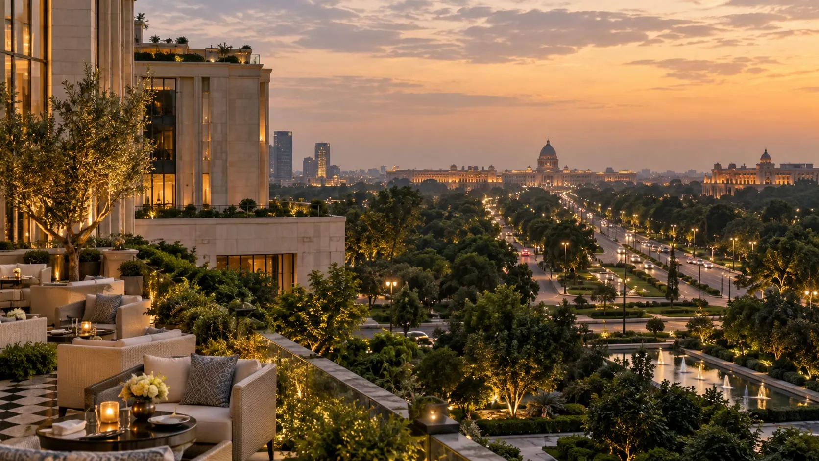 Delhi boulevard and skyline at sunset