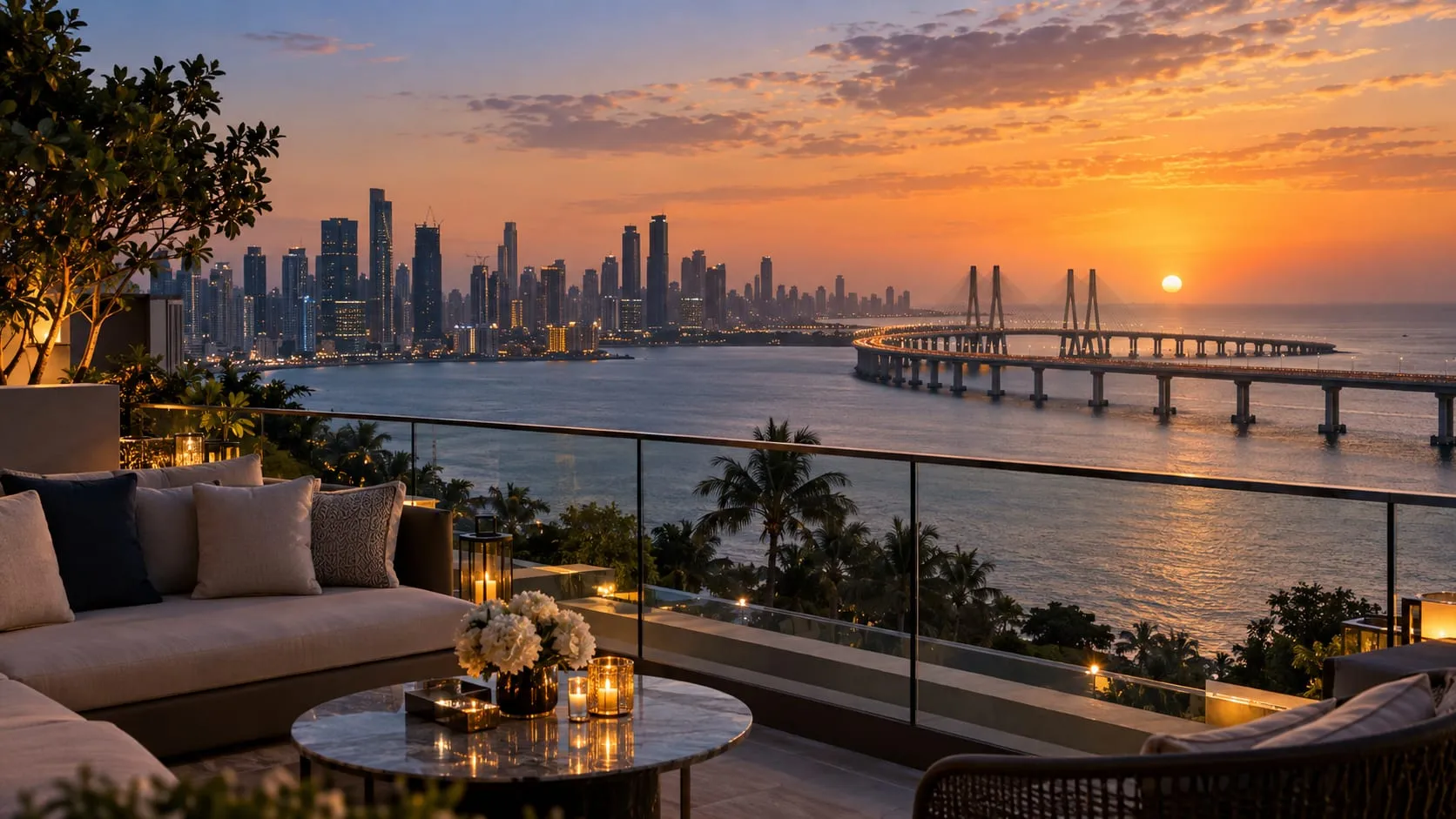 Mumbai skyline and waterfront at sunset